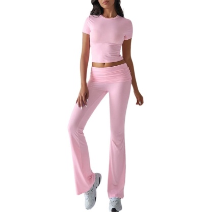 Pink fitted crop tee with ruched waist and flared leggings set
