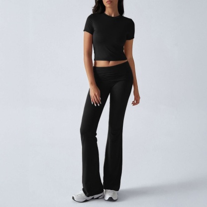 Black short-sleeve crop top with ruched high-waist flare pants