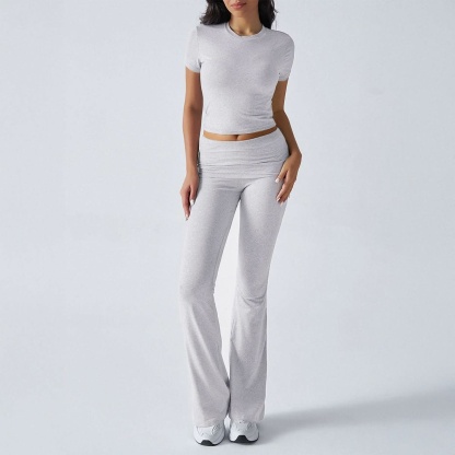Gray short-sleeve crop top and ruched flare pants two-piece set