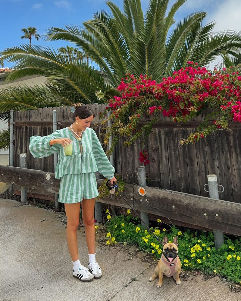 Women wearing mint green striped matching shorts set with balloon sleeves