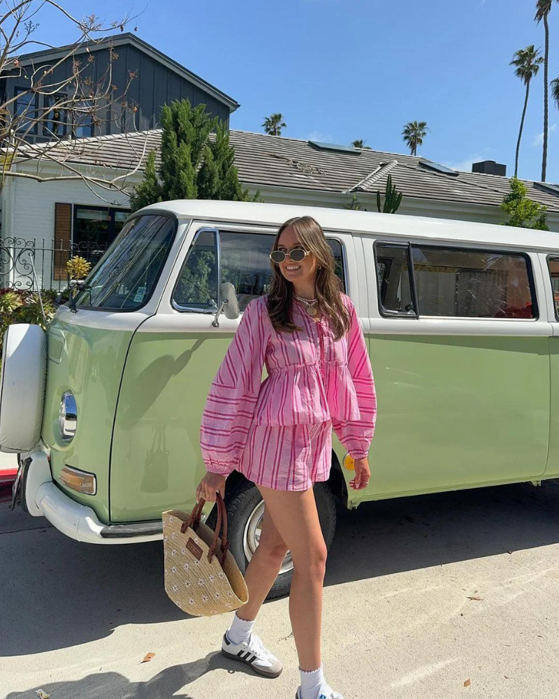 Hot pink striped tie-front shorts set with long balloon sleeves for women