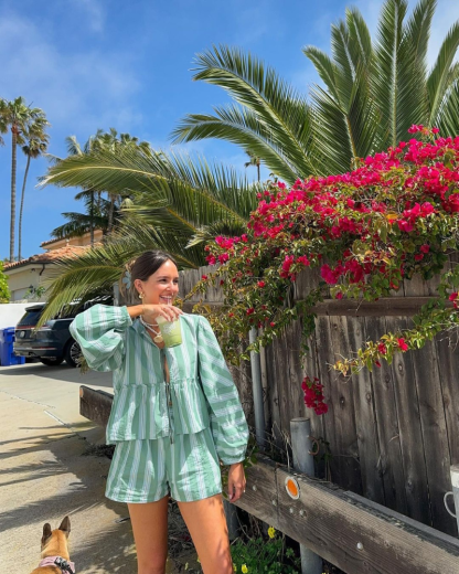 Mint striped tie-front long sleeve shorts set with peplum top for women