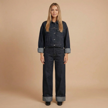 Dark indigo denim set with cropped button-front jacket and wide-leg pants for women