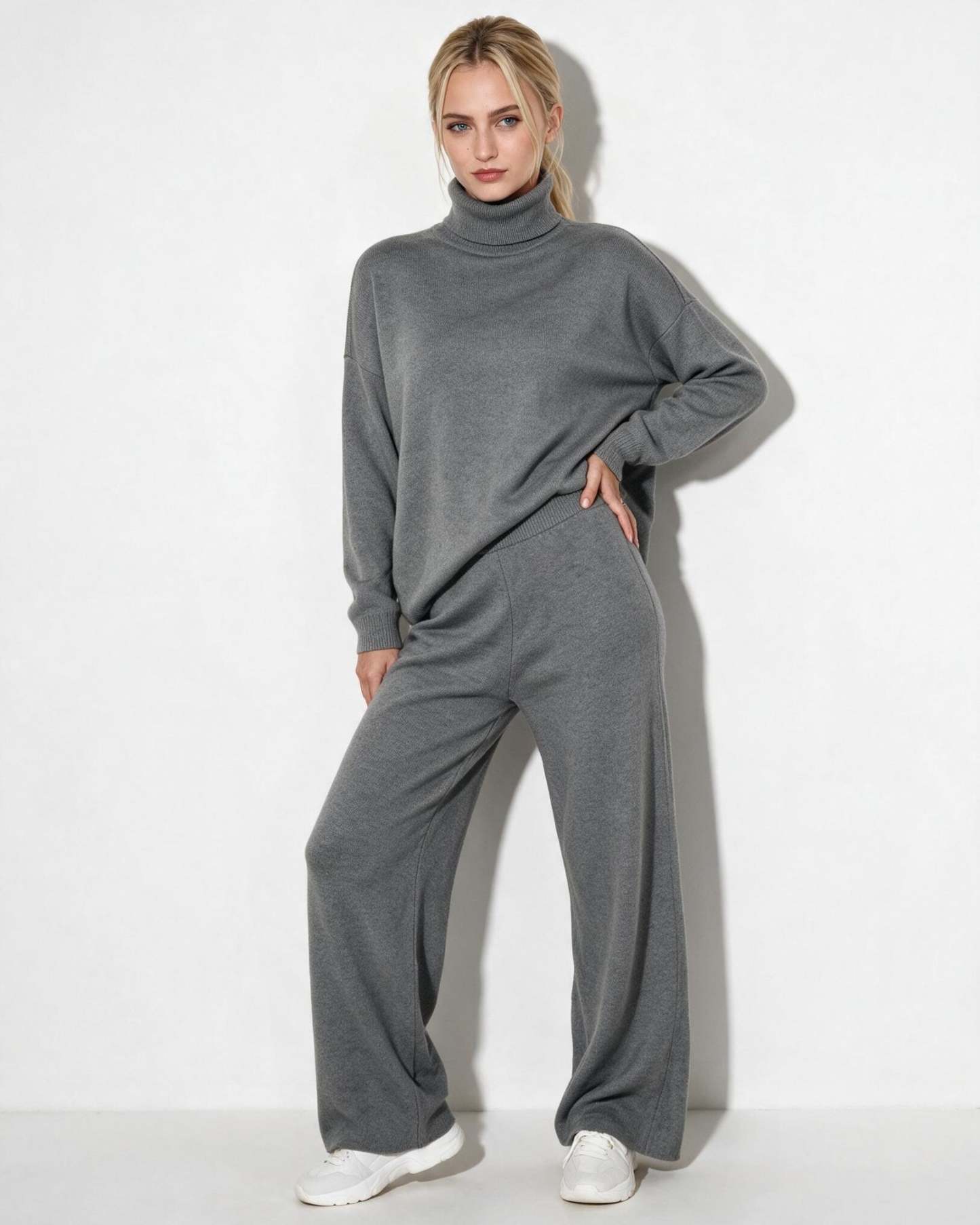 Roisin Turtleneck Wide Leg Loungewear Set - Light Gray