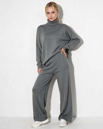Roisin Turtleneck Wide Leg Loungewear Set - Light Gray