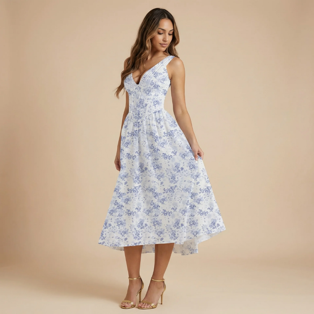 Blue floral print corset midi dress with V-neck and gathered skirt