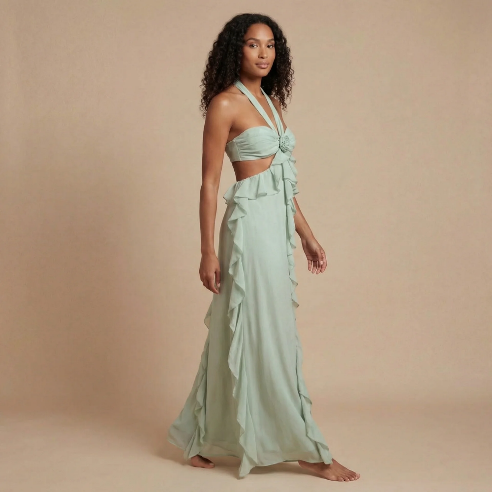 Sage green halter tie maxi dress with cascading side ruffles and cutout waist for women