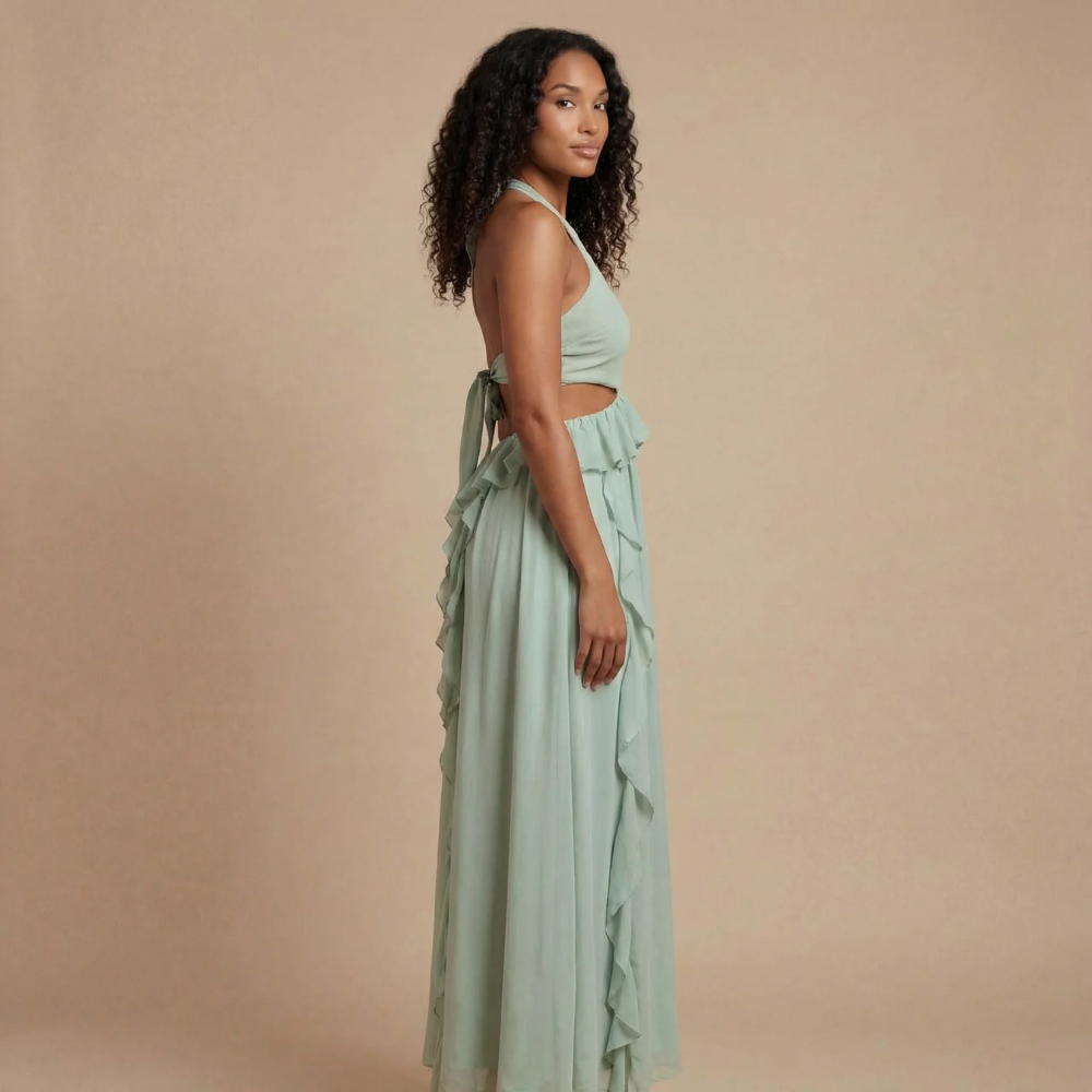 Side profile of sage green formal maxi dress with ruffled hem and open-back tie design