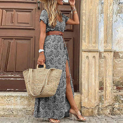 Black and white paisley wrap maxi dress with brown belt, high slit, flutter sleeves