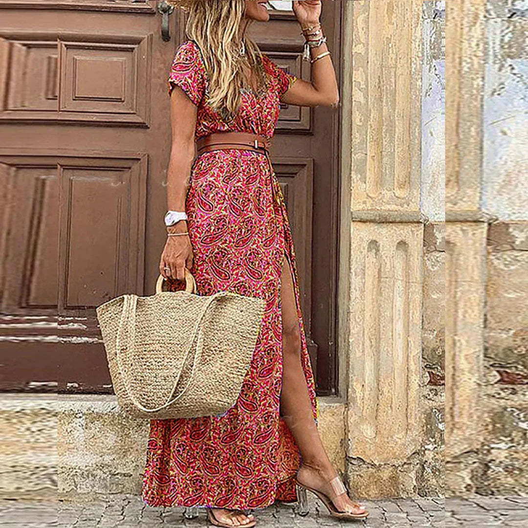 Red and gold paisley wrap maxi dress with brown belt, high slit, flutter sleeves