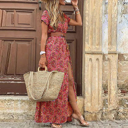 Red and gold paisley wrap maxi dress with brown belt, high slit, flutter sleeves