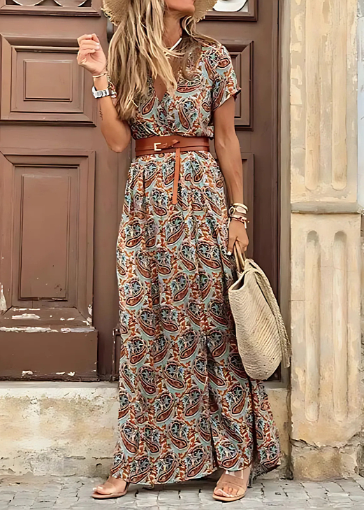 Multicolor paisley wrap maxi dress with brown belt, short sleeves, front view detail