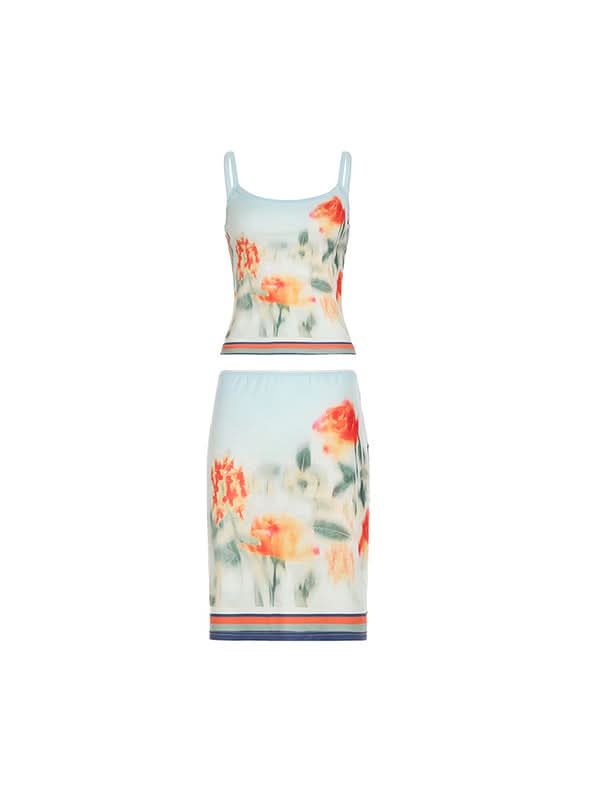 Light blue floral ruched cami crop top and bodycon midi skirt set front view