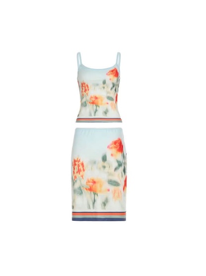 Light blue floral ruched cami crop top and bodycon midi skirt set front view