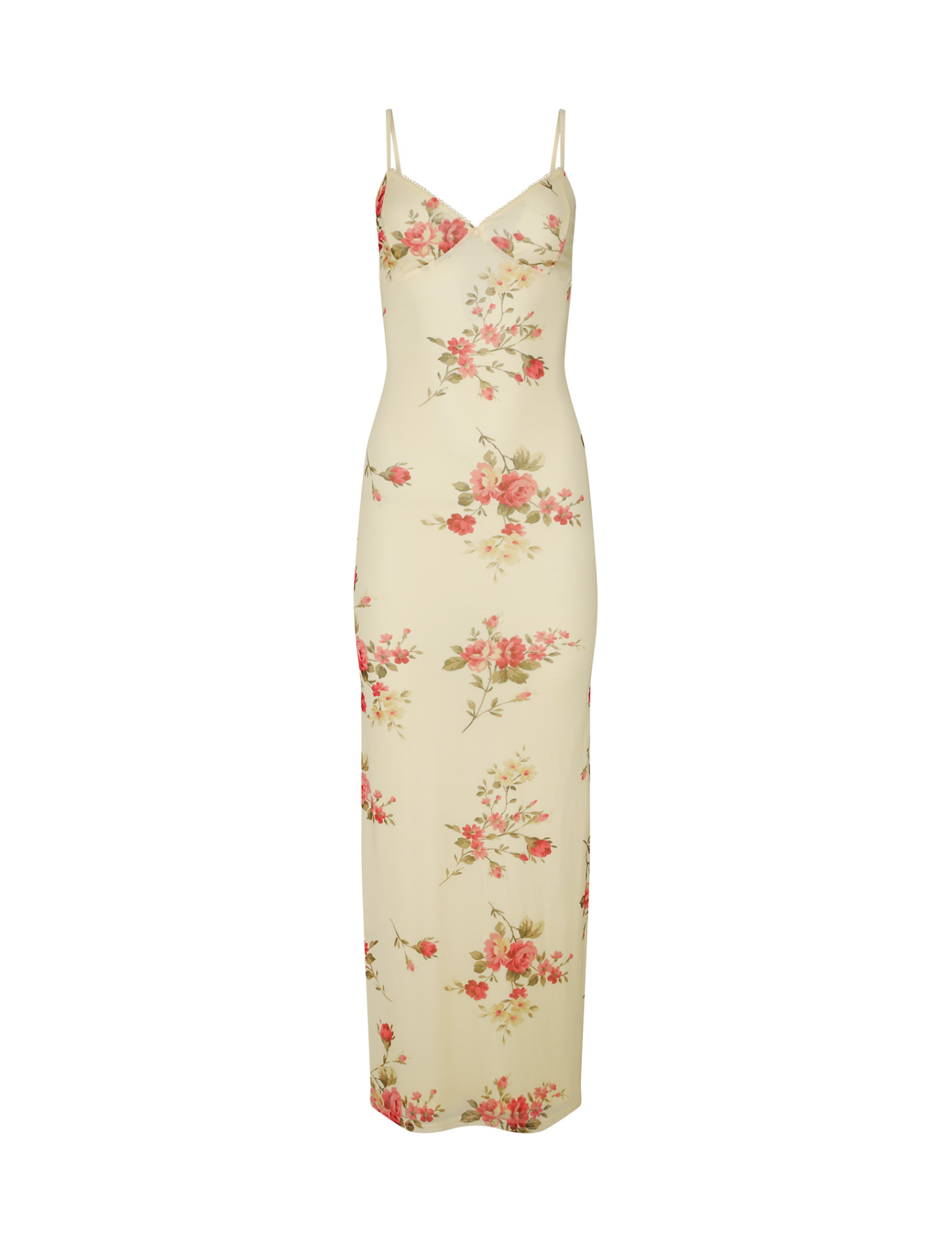 Flat lay front view of cream floral maxi dress on white background