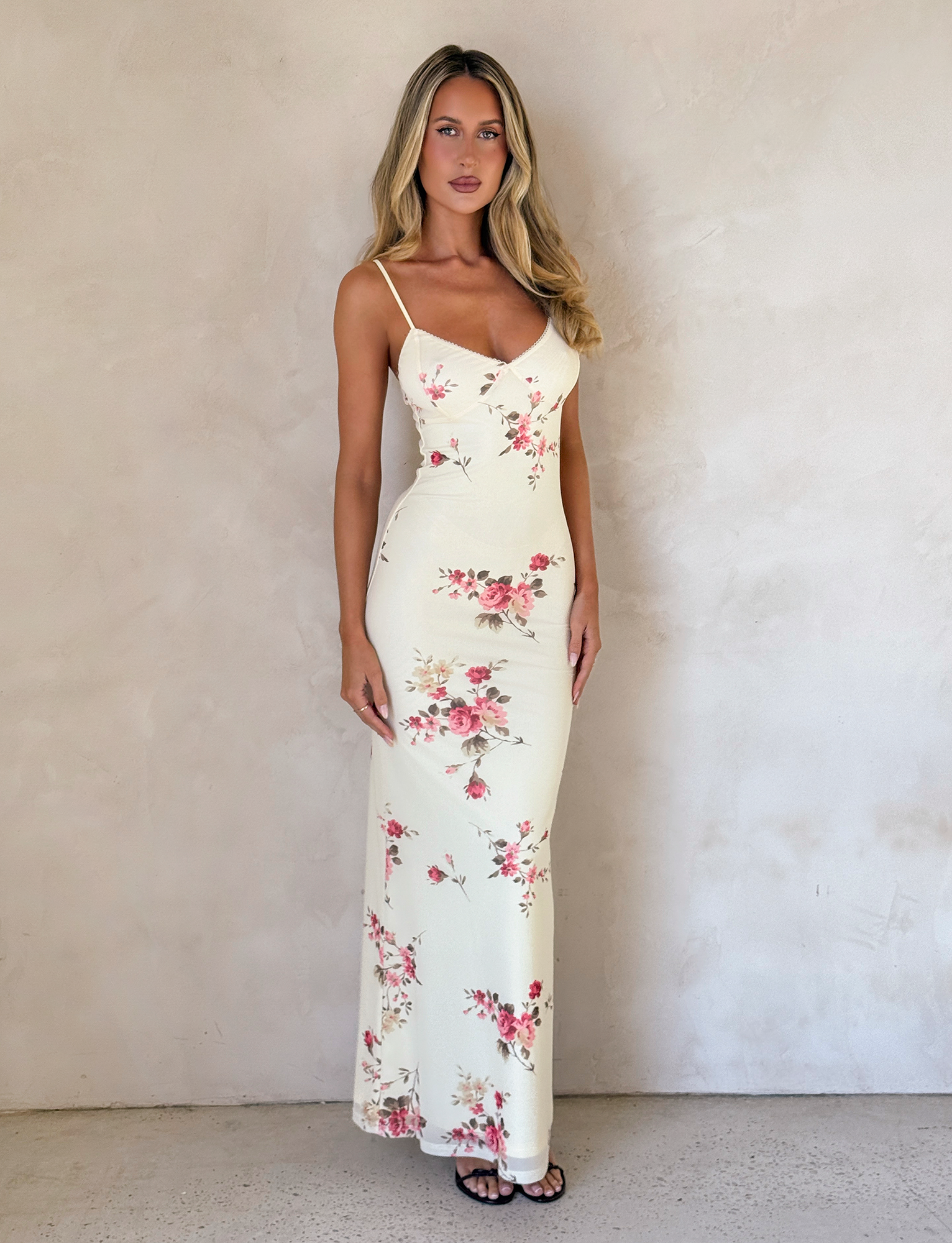 Cream floral maxi dress with pink roses and spaghetti straps