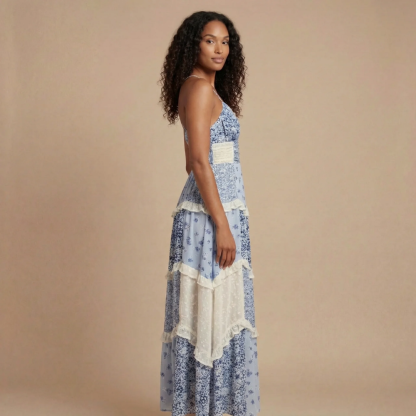Blue floral tiered maxi dress with white ruffled accents for women