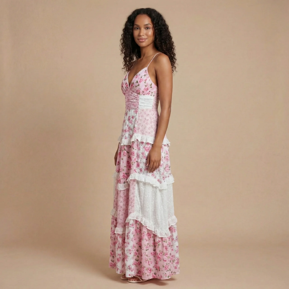 Pink floral maxi dress with white ruffled trim and smocked waist for women