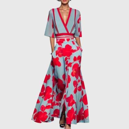 Three-quarter sleeve wrap maxi dress with red flowers on light blue, deep v-neckline