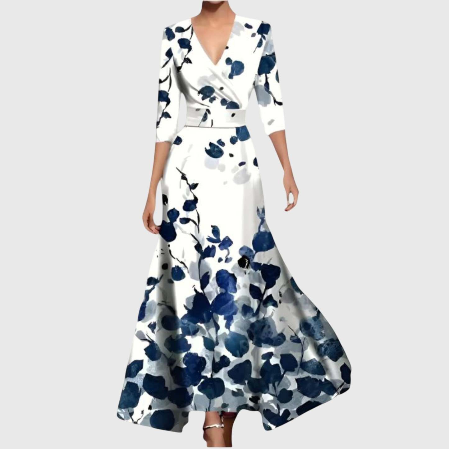 White wrap maxi dress with navy blue floral print, three-quarter sleeves, flowing skirt