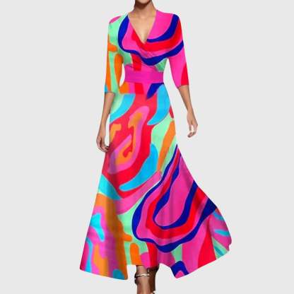 Colorful wrap maxi dress with magenta pink, cyan, orange and navy abstract swirl pattern