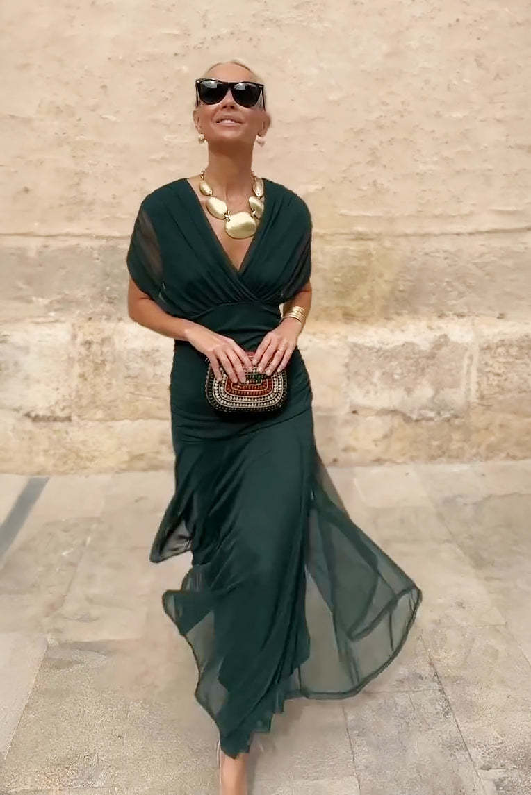 Dark green draped maxi dress with short sleeves and v-neckline