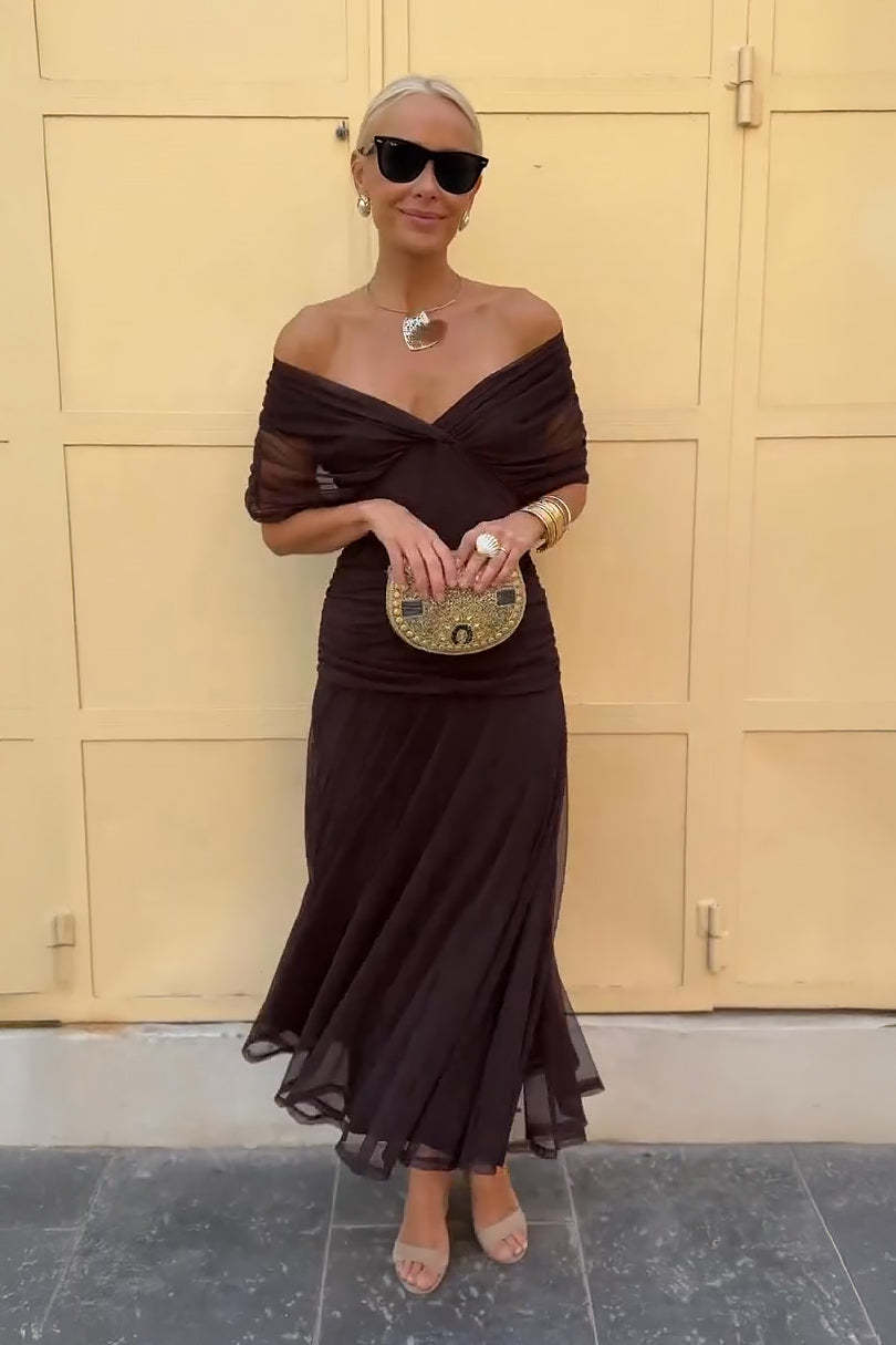 Burgundy off-shoulder draped maxi dress with ruched bodice