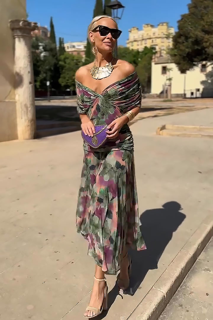 Multicolor floral off-shoulder draped maxi dress with green and pink tones