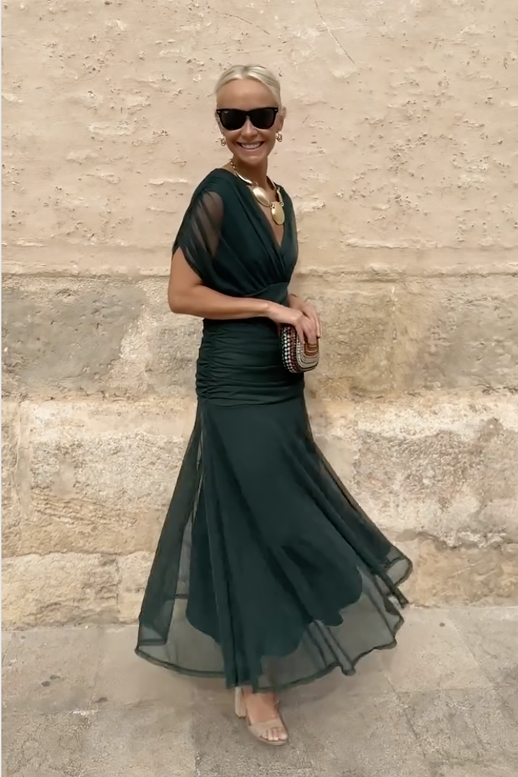 Forest green draped maxi dress full-length front view with soft draping