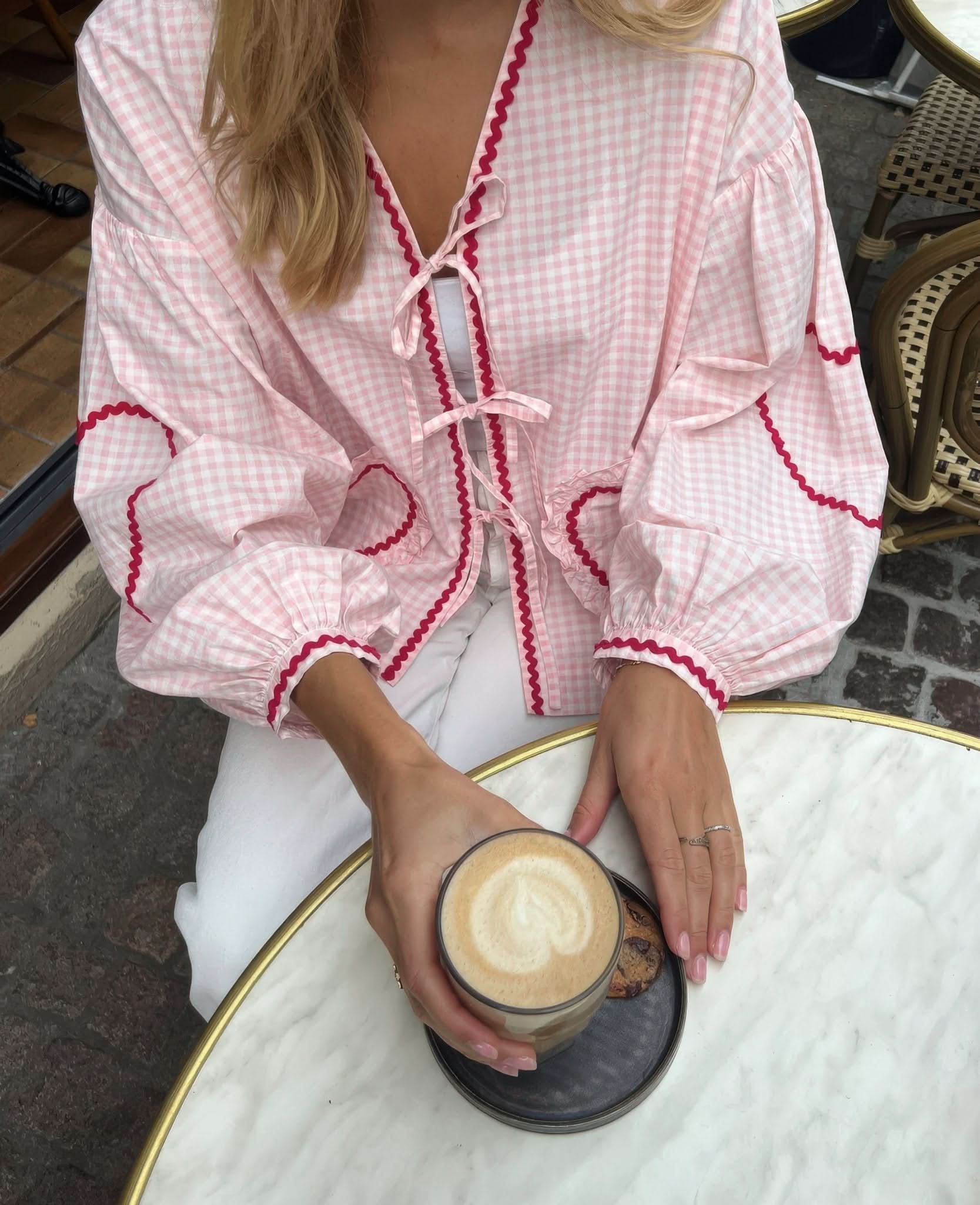 Pink and white checkered blouse with scalloped heart pockets and front tie detail