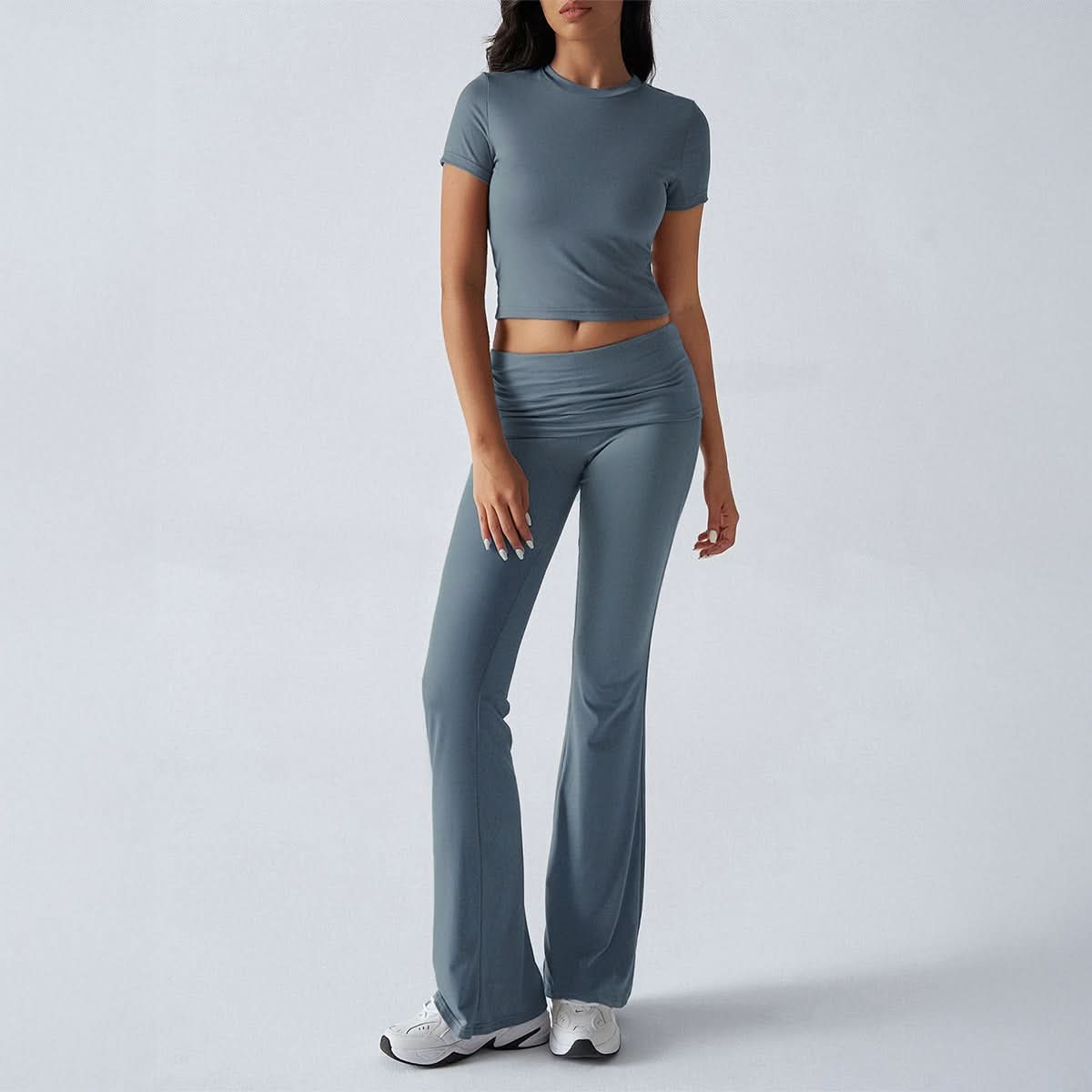Slate blue ruched lounge set with short sleeves and gathered waist flare pants