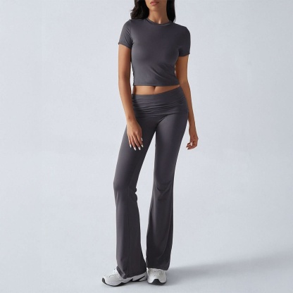 Charcoal ruched lounge set with short-sleeve crop top and ruched flare bottoms