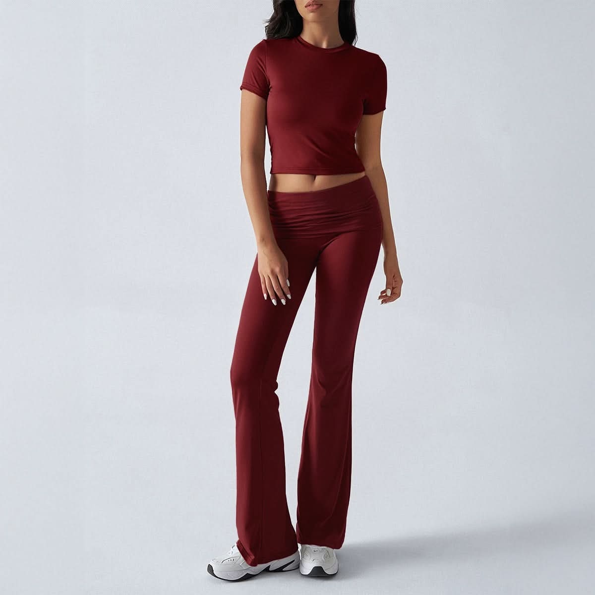 Burgundy ruched lounge set with crew neck crop tee and gathered waist flare pants