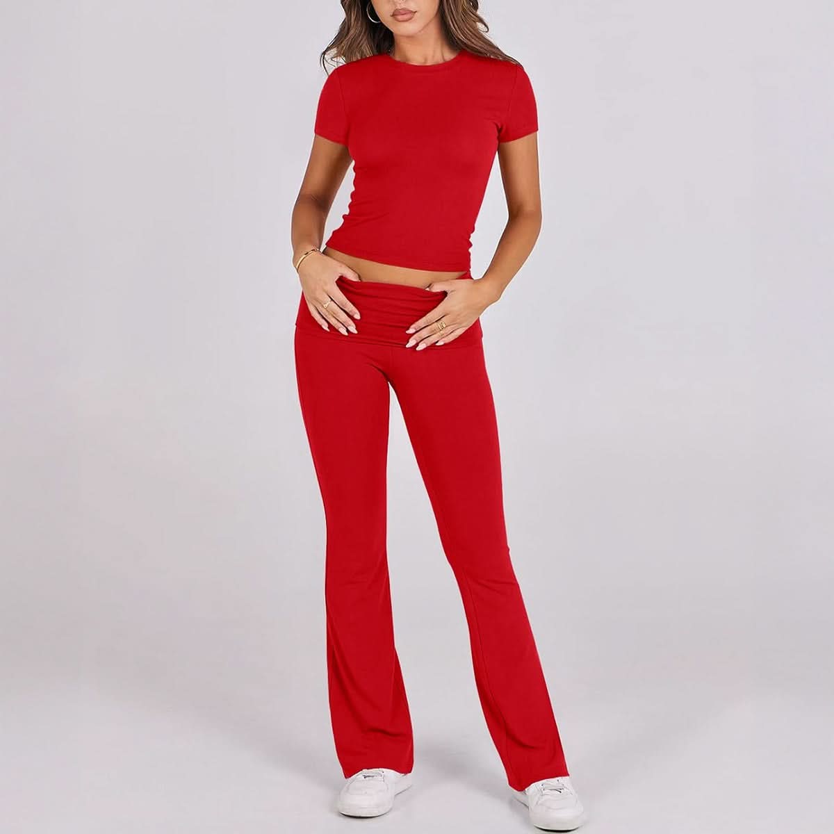 Bright red ruched lounge set with short sleeves and high-waist ruched flare bottoms