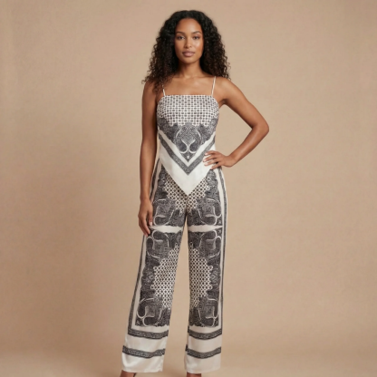 Grey bandana print two-piece matching set with checkered top detail for women