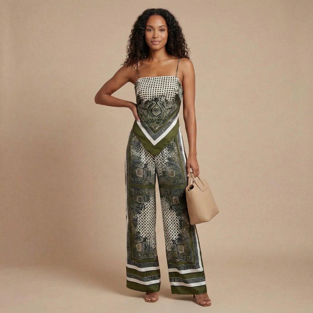 Olive green strapless matching pants set with wide-leg bandana print design