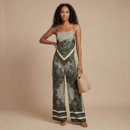 Olive green strapless matching pants set with wide-leg bandana print design