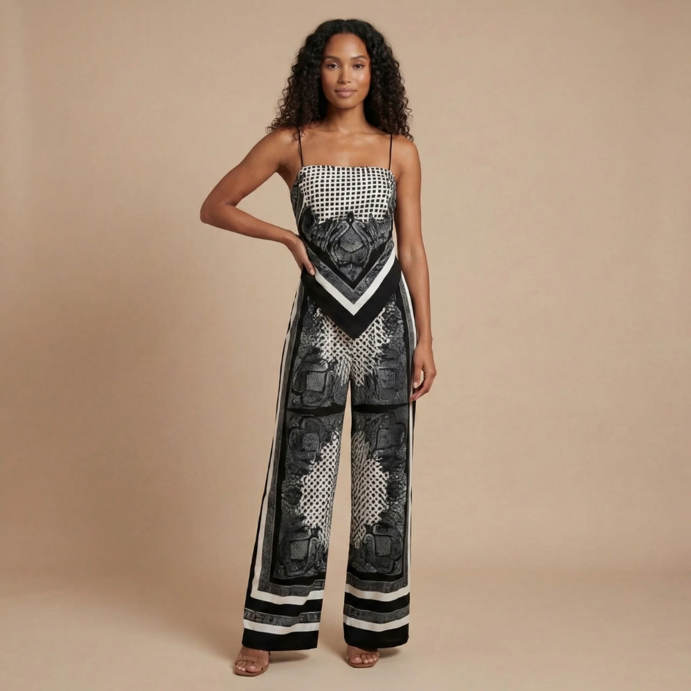 Black bandana print strapless pants set with matching wide-leg trousers for women
