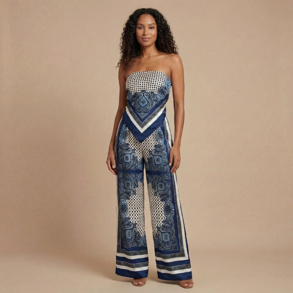 Navy bandana print strapless pants set with wide-leg silhouette for women