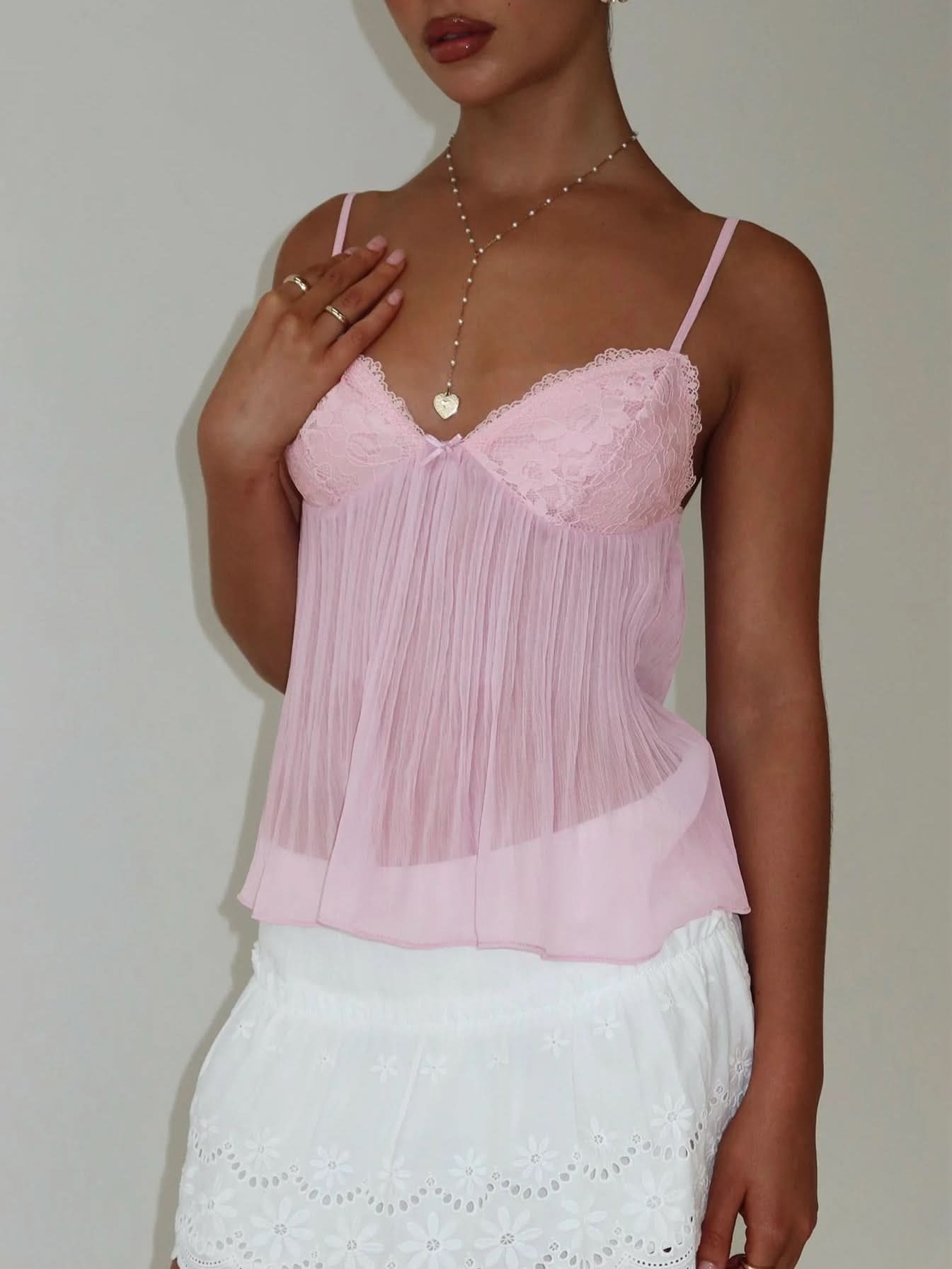 Pink lace cami top with pleated fabric and scalloped neckline