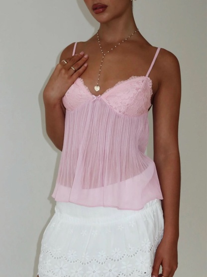 Pink lace cami top with pleated fabric and scalloped neckline