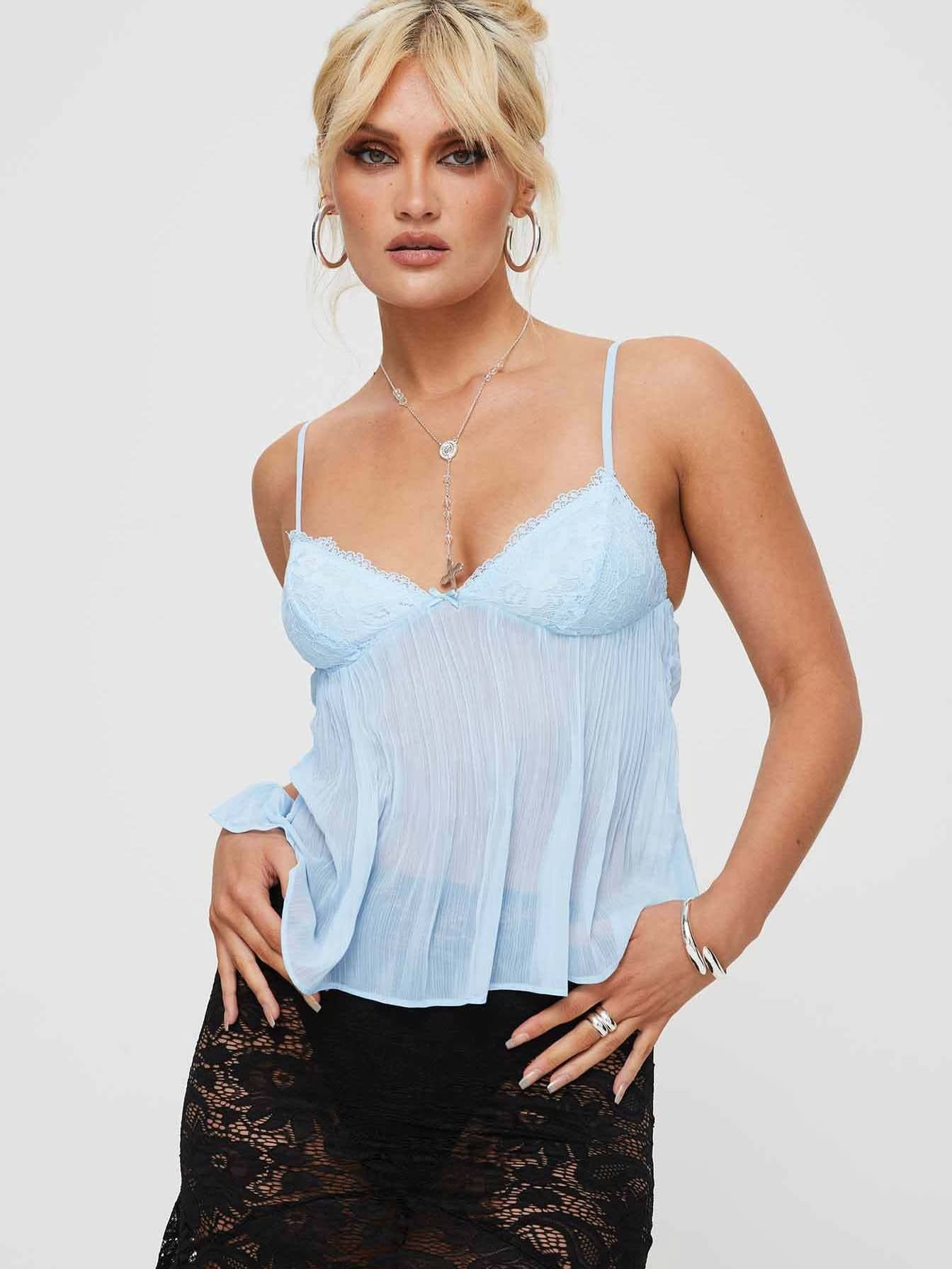 Light blue lace cami with pleated fabric and sweetheart bust