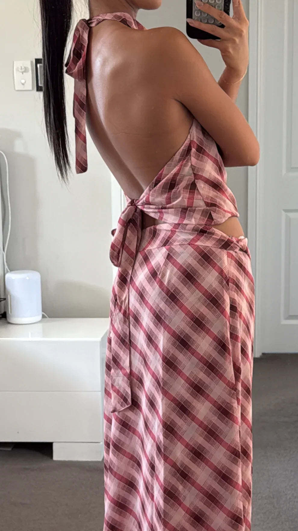 Backless halter tie design on pink plaid crop top for women