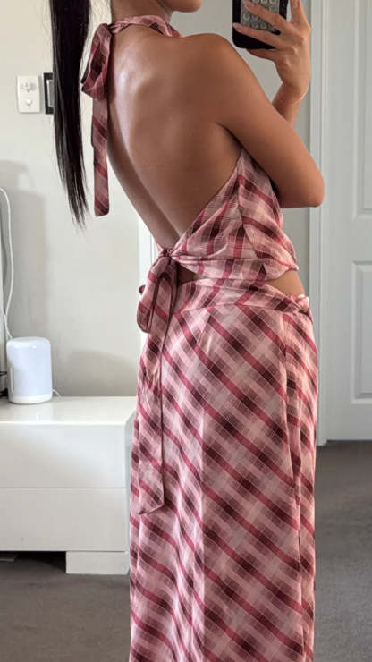 Backless halter tie design on pink plaid crop top for women