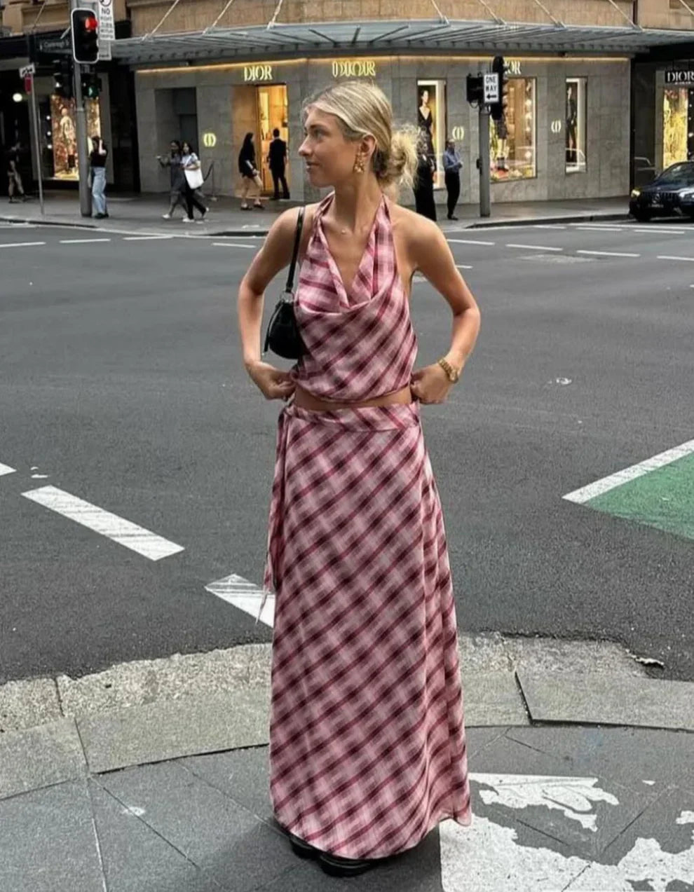 Pink plaid halter maxi set with cowl neckline and high-rise skirt for women