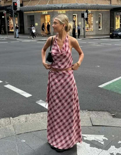 Pink plaid halter maxi set with cowl neckline and high-rise skirt for women