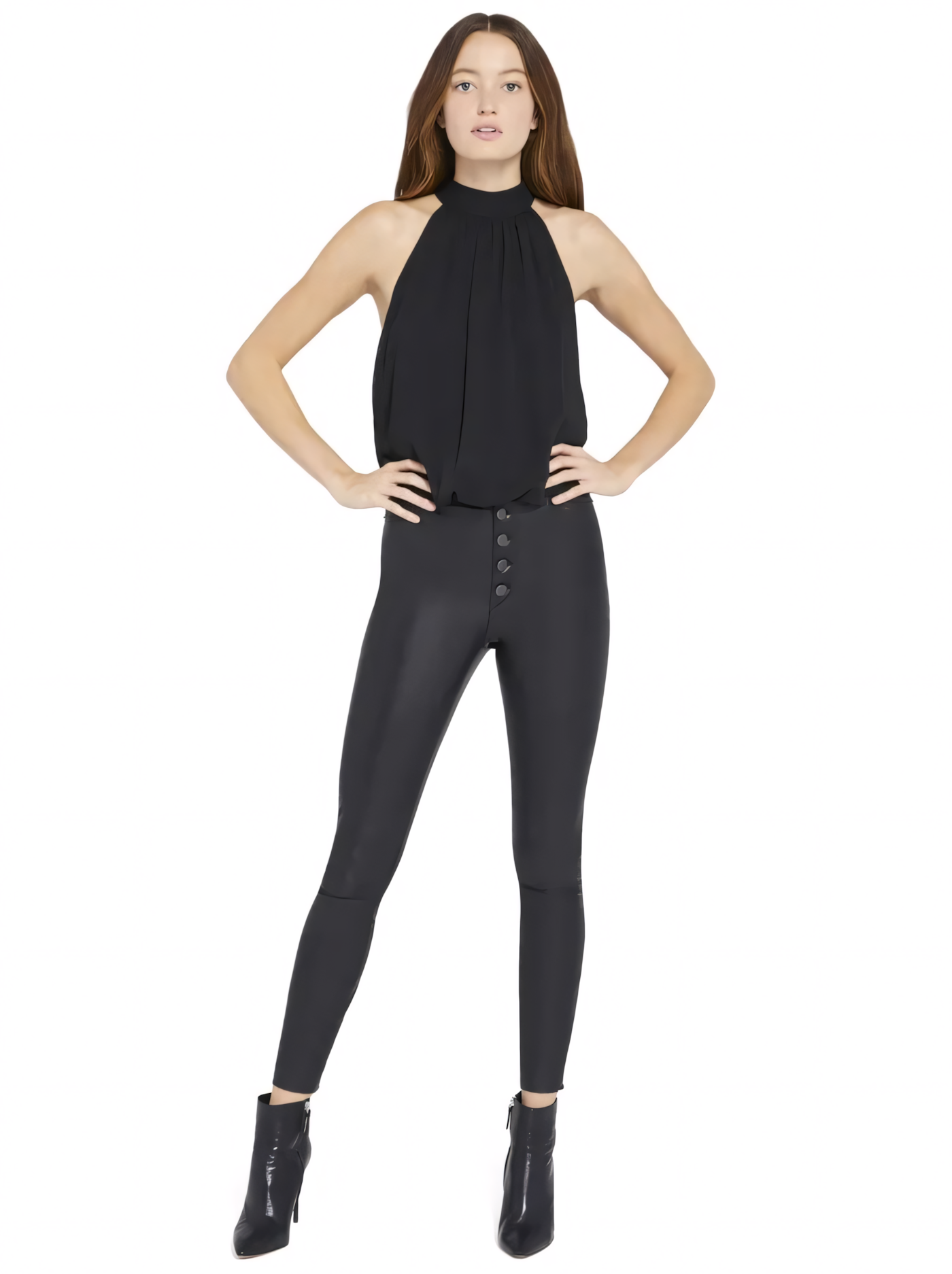 Black halter mini dress with pleated bodice and high-waisted leather pants