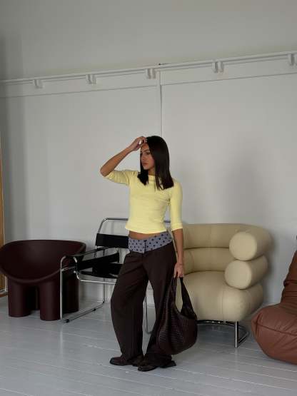 Sage polka dot tailored pants with high waist and straight leg fit