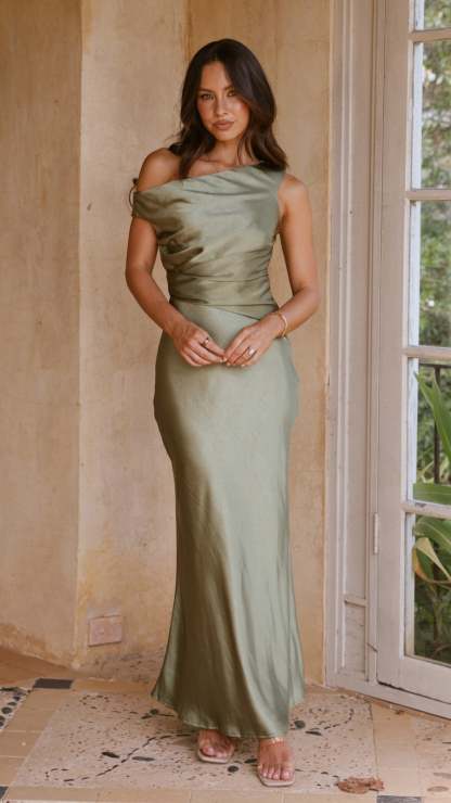 Full-length sage ruched maxi dress with asymmetrical shoulder and ankle length