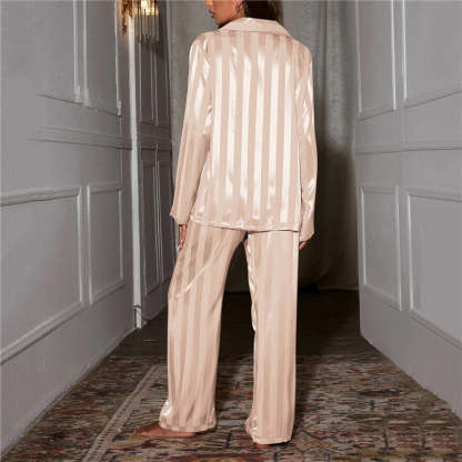 Sage striped satin pajama set back view showing vertical stripe pattern